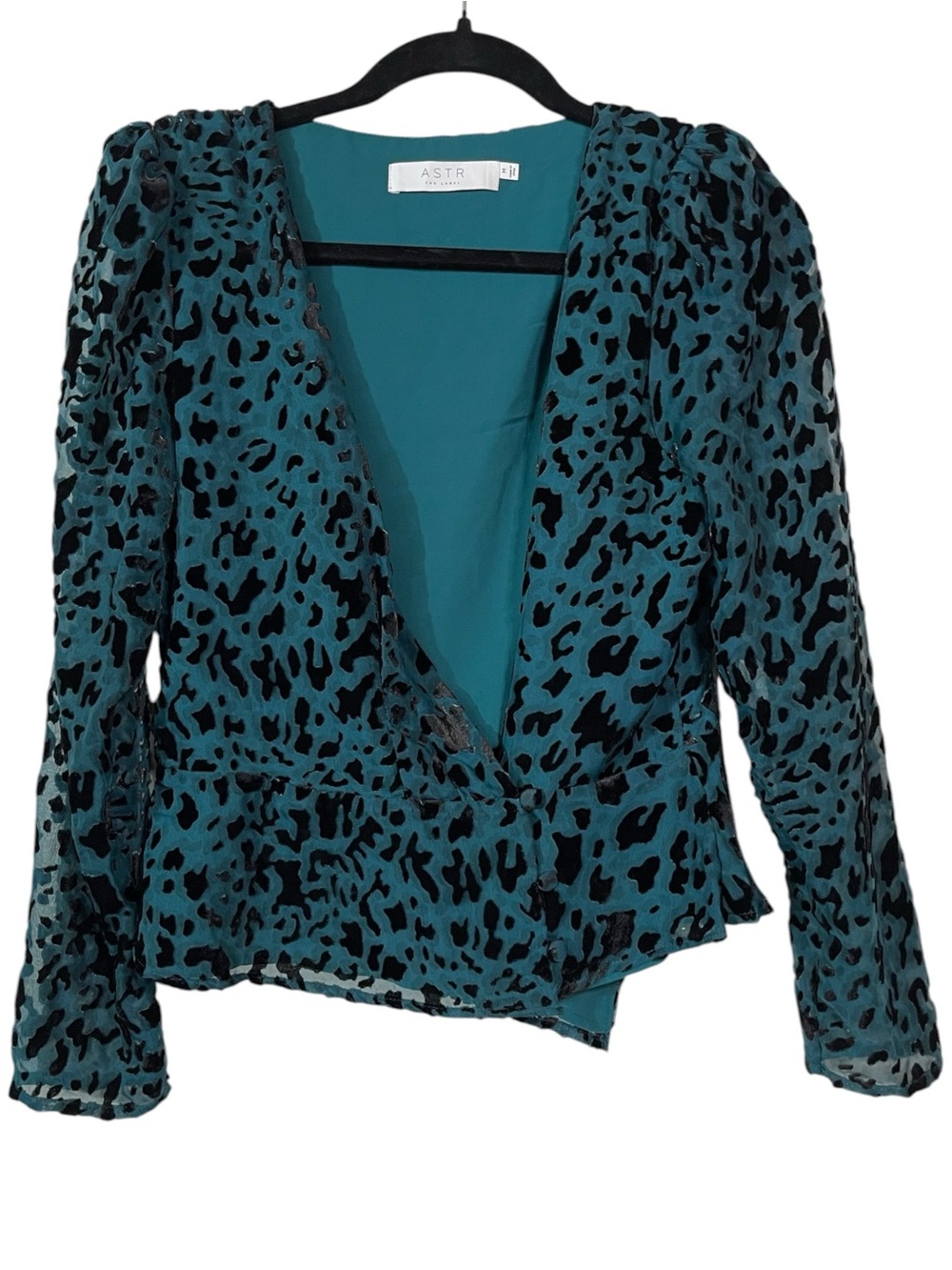 ASTR The Label Teal Black Burnout Leopard Wrap Peplum Top Size M - Picture 2 of 10